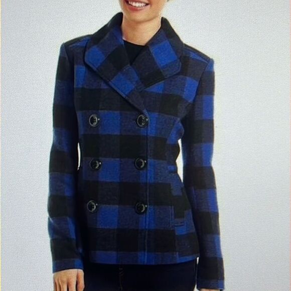 New! Rampage Blue & Black Plaid Peacoat Size Small NWT - Picture 1 of 16